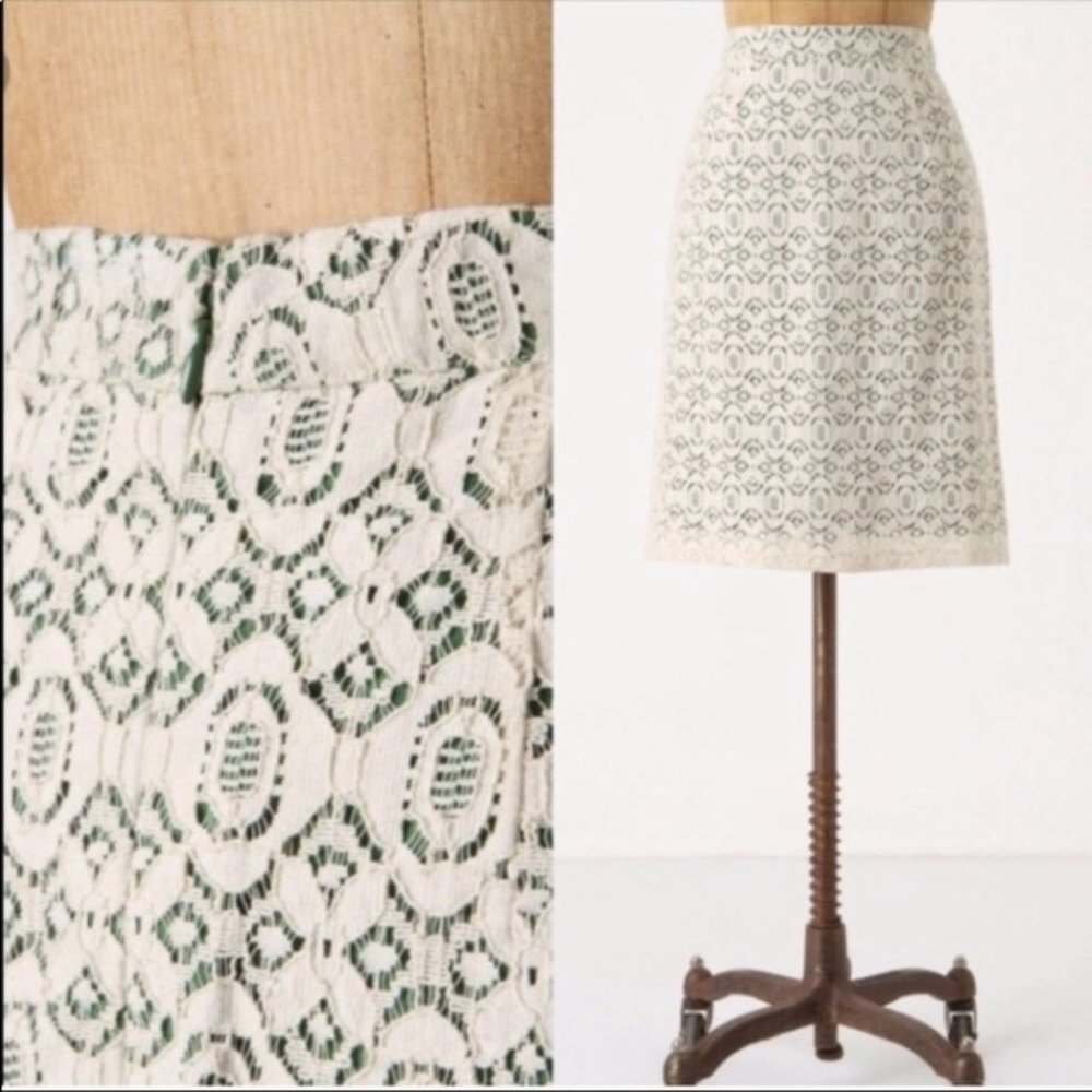 ANTHROPOLOGIE Aine Pencil Skirt Cream Lace Green Lining by Edme & Esyllte